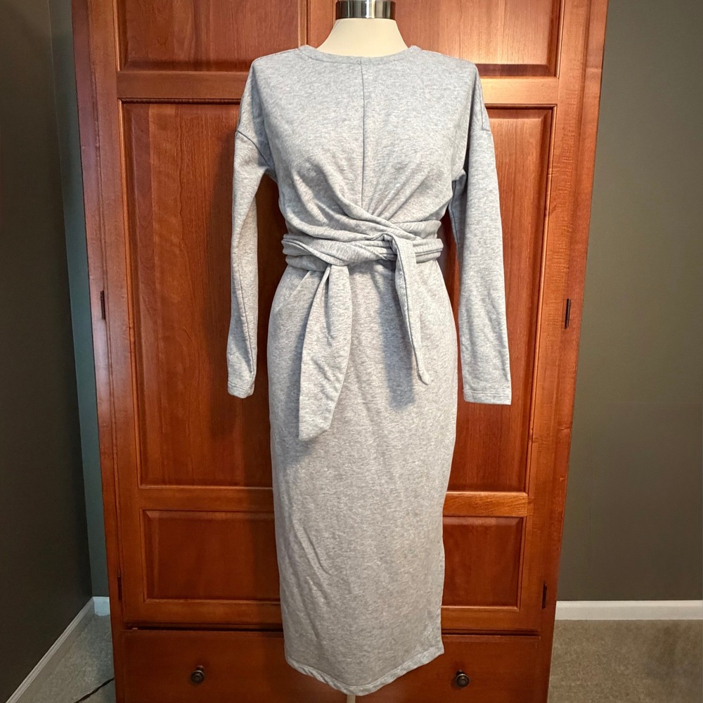 Modern Citizen Heather Grey Audrey Tie-Front Terry Midi Dress Women Size XS